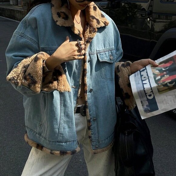 MODA ME COUTURE Jackets & Blazers - Blue Casual Women's Reversible Leopard Print Denim Jacket